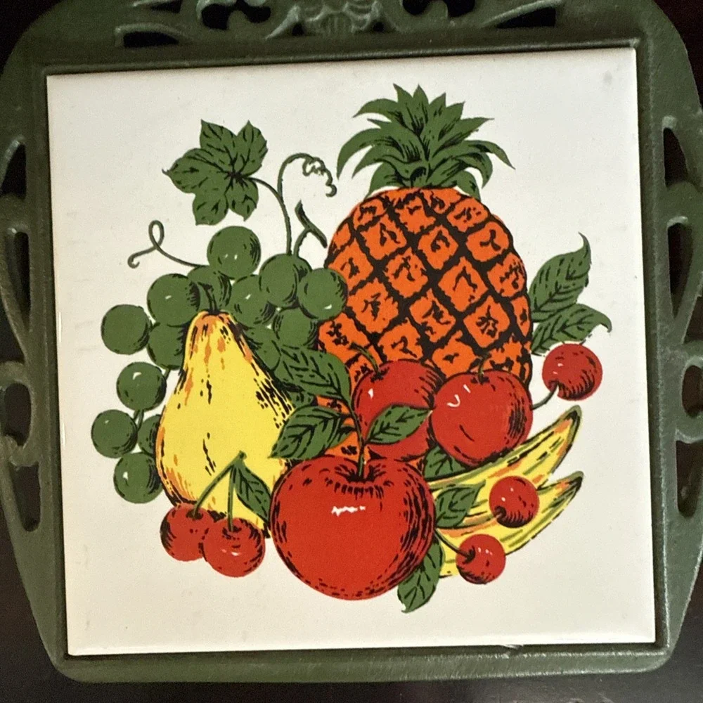 Vintage FM Japan Green Cast Iron & Tile Trivet w/Magnet Fruit Scene Used.